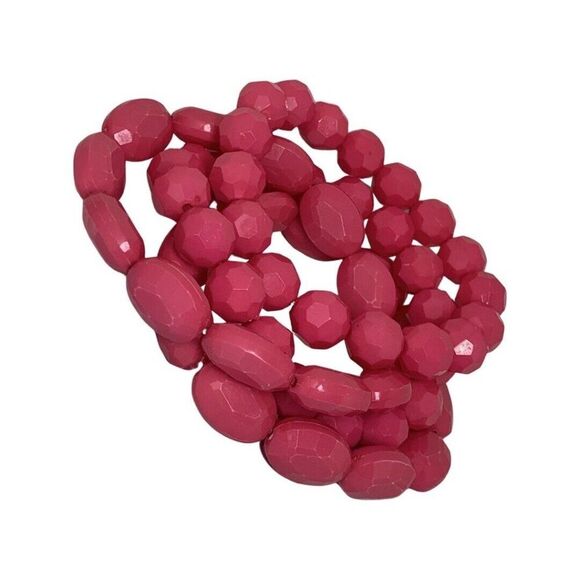 Vintage Summer Hot Pink  Acrylic Faceted Stackable Stretch Bracelets Set Of 4 - Picture 3 of 7